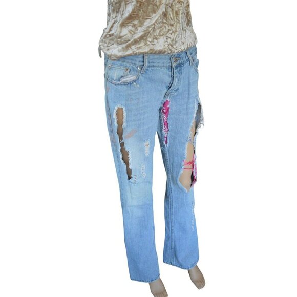 Vintage y2k Taunt Womens Distressed Light Blue Denim Jeans Pink Accents Size 7L - Picture 2 of 14